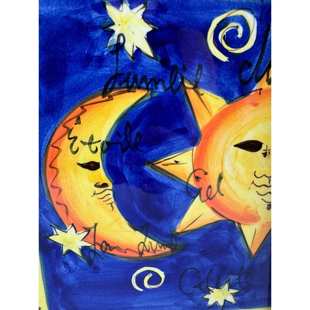 HausenWare Celestial Sun Moon Ceramic Wall Plaque 8x8 Blue Yellow Star Tile